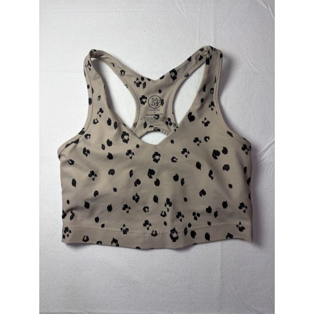 SAGE Collective Leopard Print Longline Sports Bra Taupe Beige Black Women M
